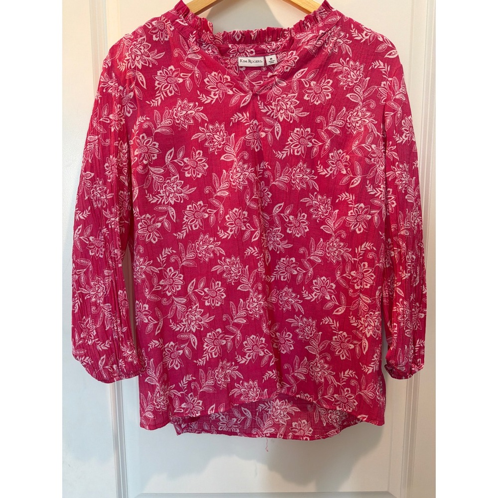 Kim Rogers Women Pink White Floral Ruffle Neck Long Sleeve Blouse Medium